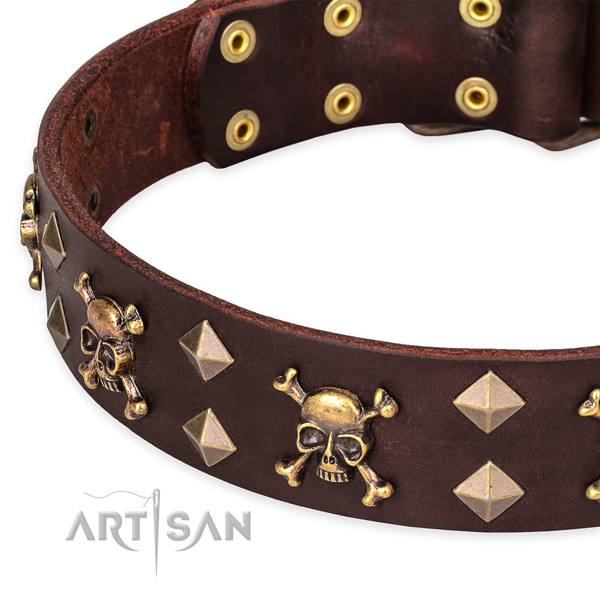 Easy wearing decorated dog collar of reliable full grain genuine leather