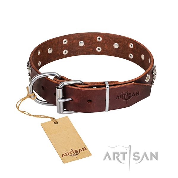 Comfortable wearing dog collar of high quality genuine leather with adornments