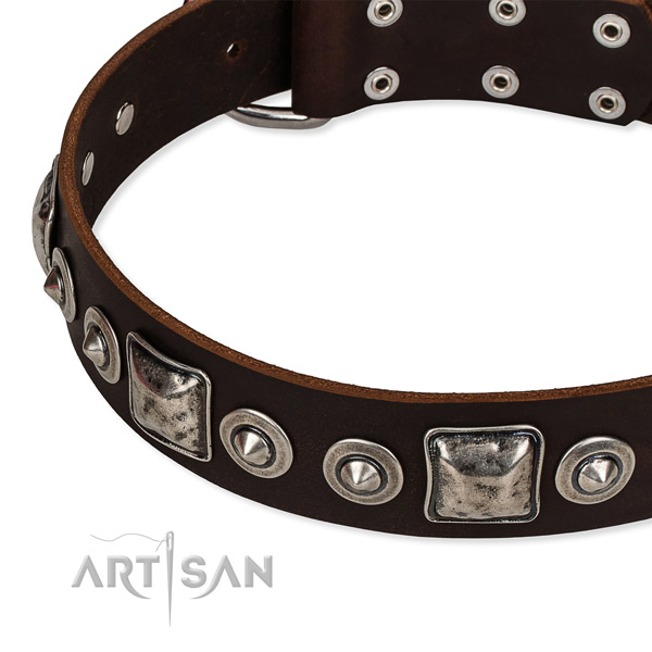 Full grain genuine leather dog collar made of quality material with embellishments