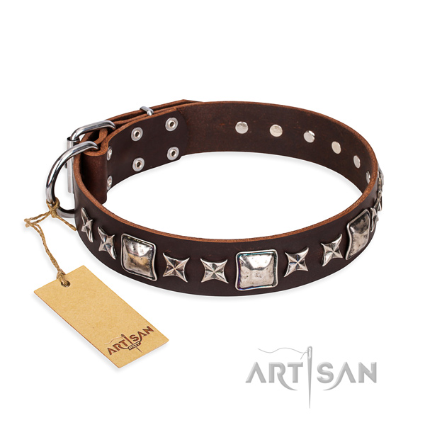 Easy wearing dog collar of top quality full grain natural leather with adornments