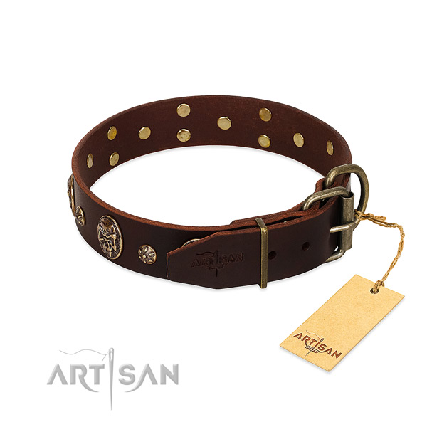 Reliable traditional buckle on full grain natural leather dog collar for your canine