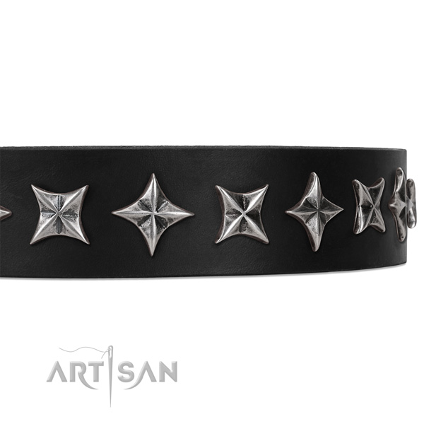 Easy wearing adorned dog collar of quality leather