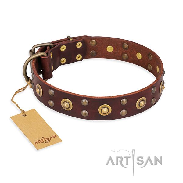 Stylish design genuine leather dog collar with corrosion resistant D-ring