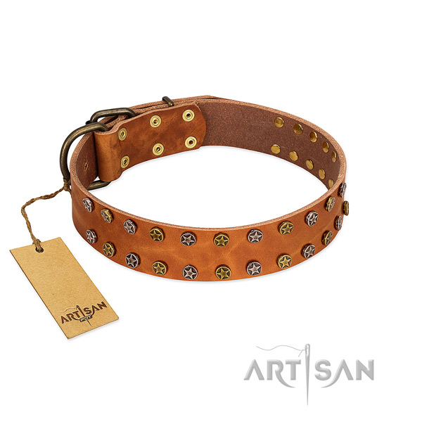 Comfortable wearing soft to touch full grain genuine leather dog collar with decorations