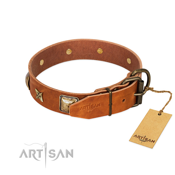 Full grain genuine leather dog collar with rust resistant hardware and decorations