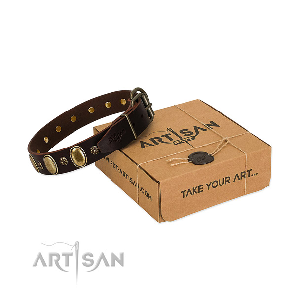 Handy use top notch leather dog collar with adornments
