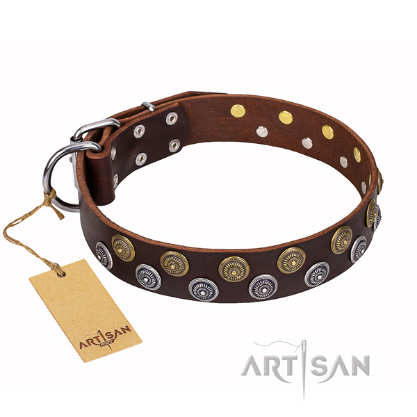 Handy use dog collar of durable full grain natural leather with decorations