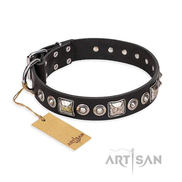 Natural genuine leather dog collar made of soft to touch material with corrosion proof traditional buckle