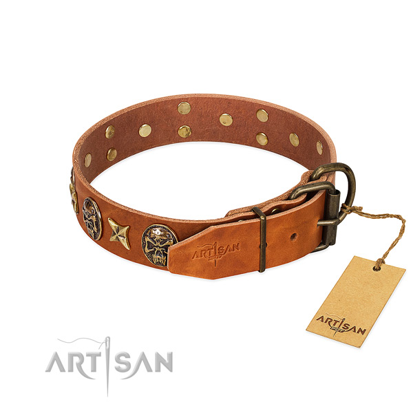 Natural genuine leather dog collar with reliable fittings and adornments