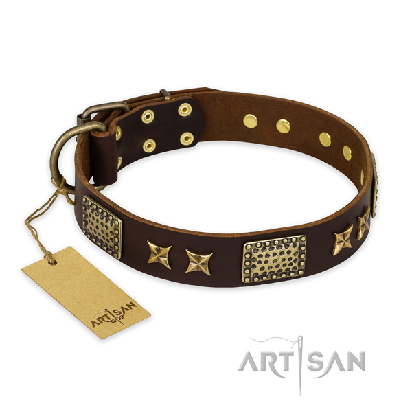 Extraordinary natural genuine leather dog collar with corrosion resistant traditional buckle