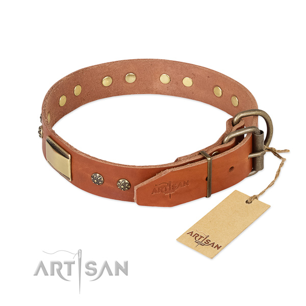 Full grain genuine leather dog collar with rust resistant traditional buckle and decorations