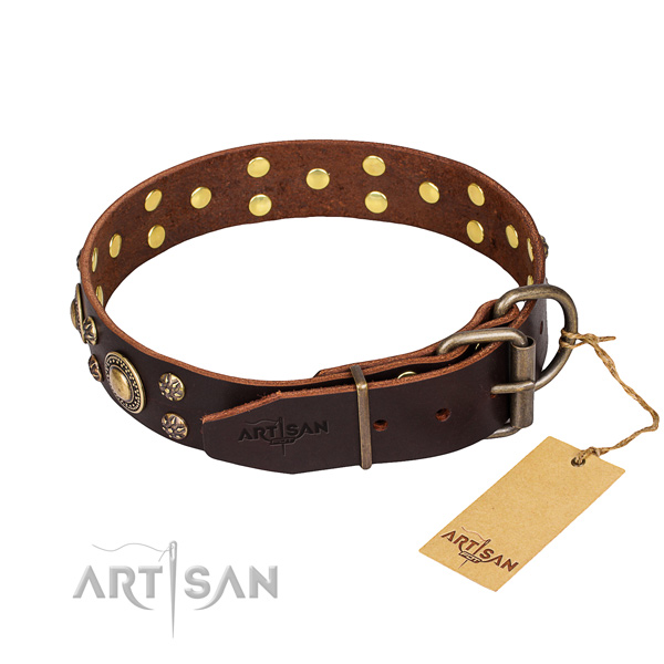 Comfy wearing adorned dog collar of best quality natural leather