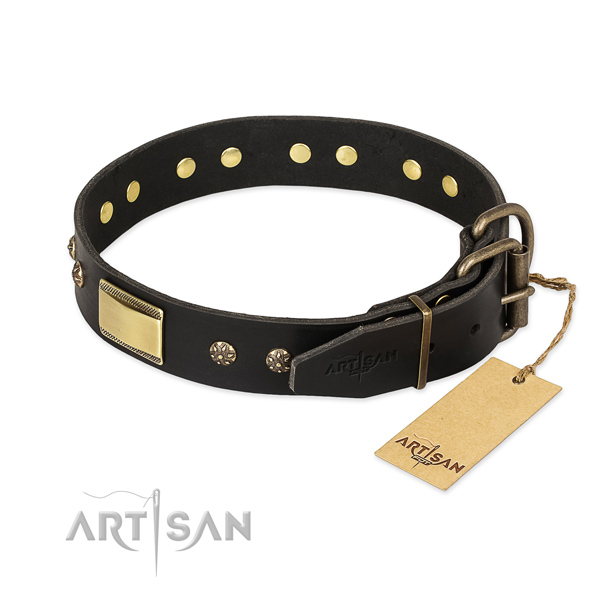 Natural leather dog collar with corrosion proof buckle and studs