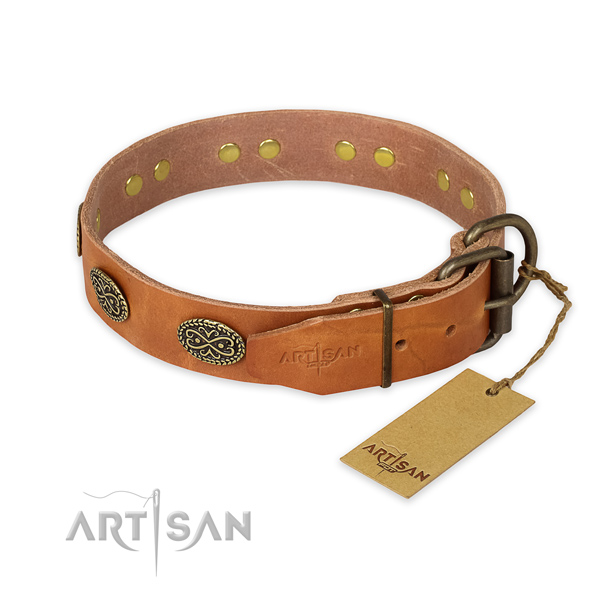 Rust-proof buckle on natural genuine leather collar for your impressive canine