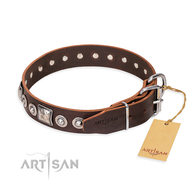 Full grain natural leather dog collar made of quality material with corrosion resistant embellishments