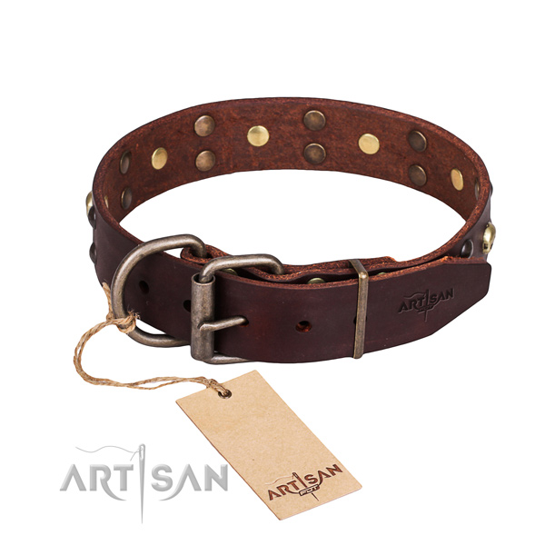 Basic training adorned dog collar of strong leather