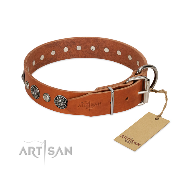 Soft natural leather dog collar with rust-proof traditional buckle