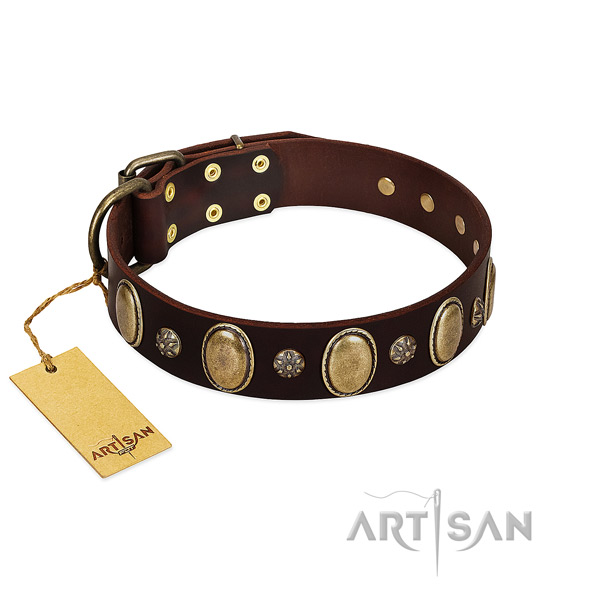 Comfortable wearing soft to touch full grain natural leather dog collar with studs