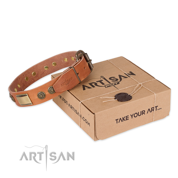 Rust-proof buckle on full grain leather dog collar for easy wearing