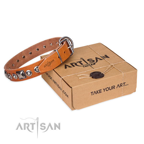 Natural genuine leather dog collar made of gentle to touch material with reliable buckle