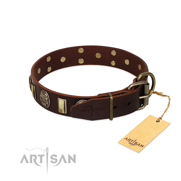 Leather dog collar with strong D-ring and adornments