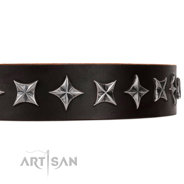 Comfortable wearing decorated dog collar of durable full grain genuine leather