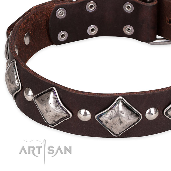 Comfortable wearing embellished dog collar of reliable full grain genuine leather