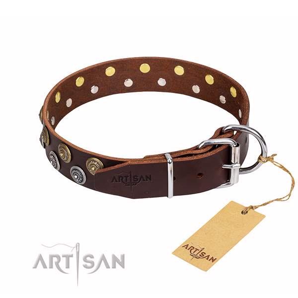 Basic training adorned dog collar of fine quality genuine leather