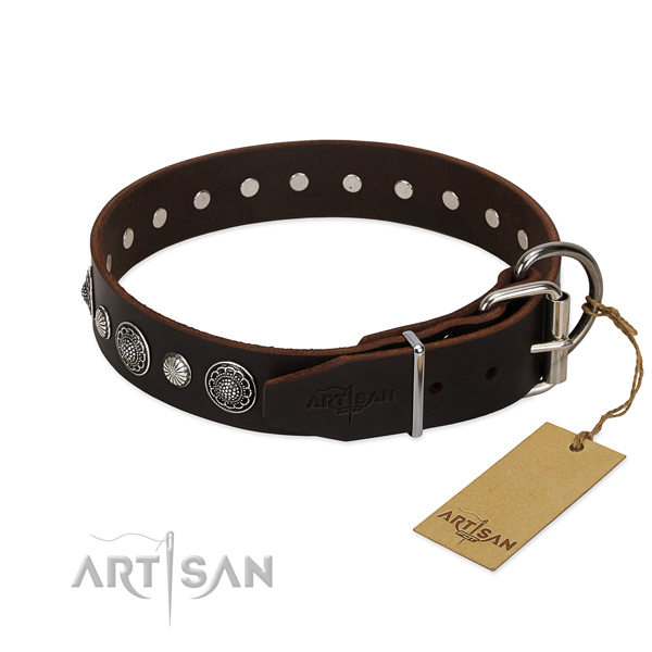 Reliable genuine leather dog collar with corrosion proof D-ring