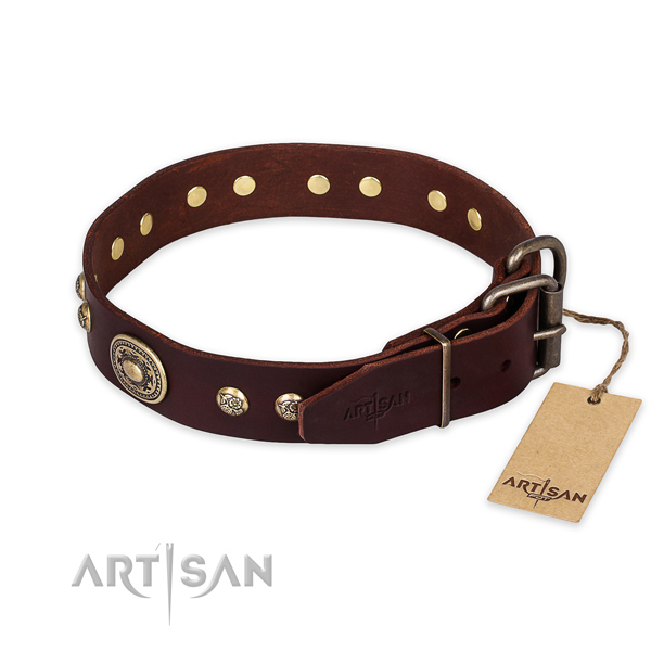Strong hardware on natural leather collar for basic training your dog