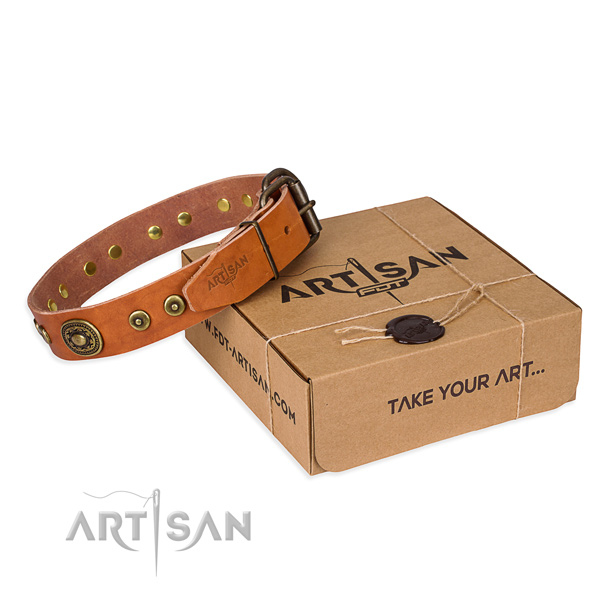 Full grain natural leather dog collar made of high quality material with corrosion resistant D-ring