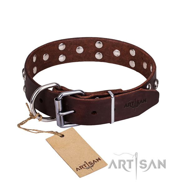 Easy wearing dog collar of high quality genuine leather with embellishments