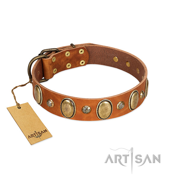 Full grain genuine leather dog collar of flexible material with designer decorations
