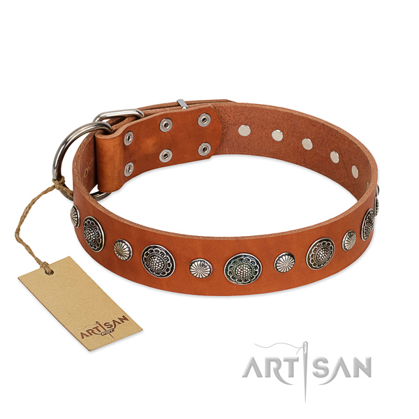 Soft to touch leather dog collar with rust-proof hardware