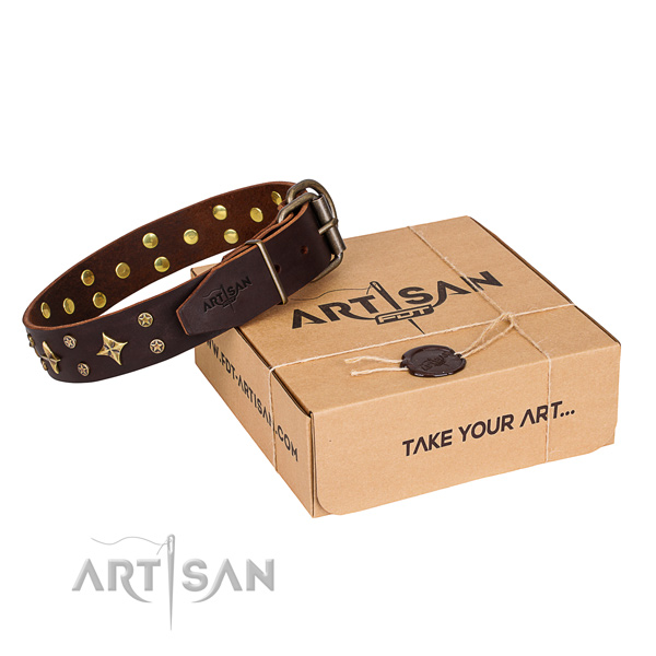 Comfy wearing dog collar of high quality genuine leather with embellishments