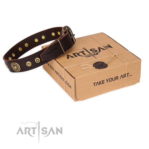 Full grain genuine leather dog collar made of top notch material with corrosion resistant fittings