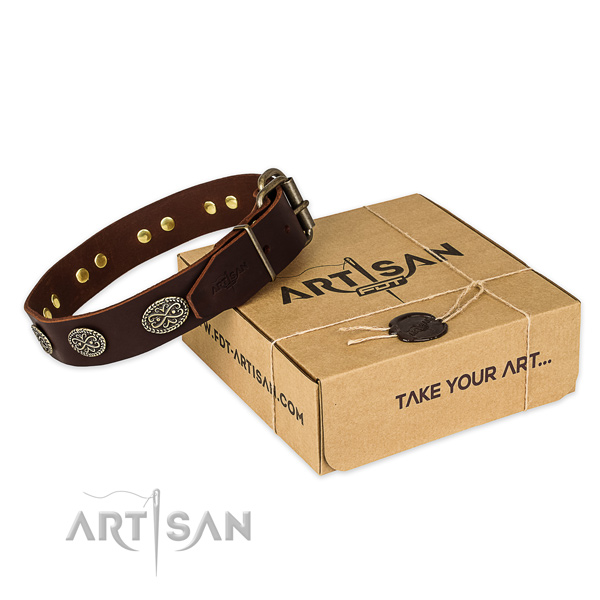 Strong hardware on full grain natural leather collar for your beautiful dog