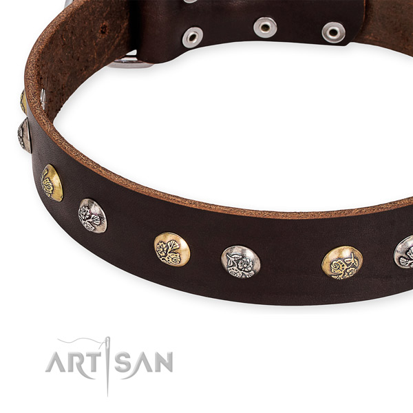 Genuine leather dog collar with unique strong decorations