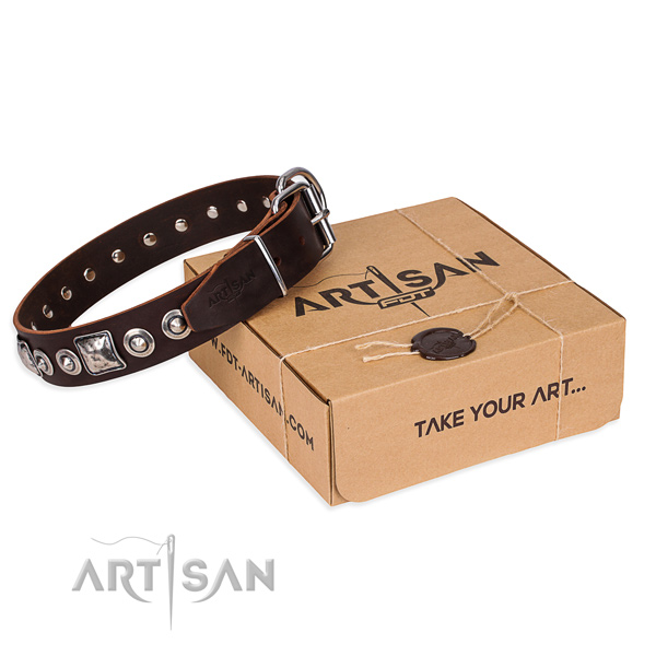 Genuine leather dog collar made of gentle to touch material with reliable hardware