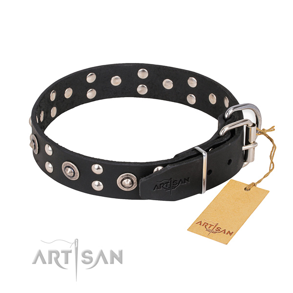 Genuine leather dog collar with remarkable rust resistant decorations