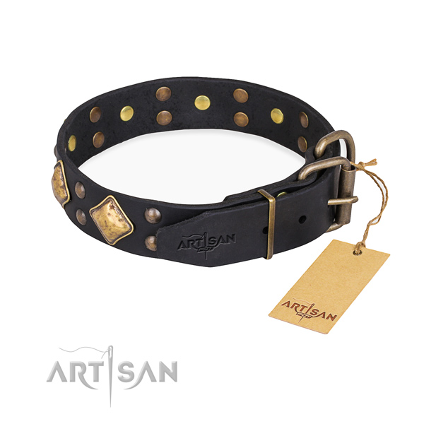 Natural genuine leather dog collar with incredible strong adornments