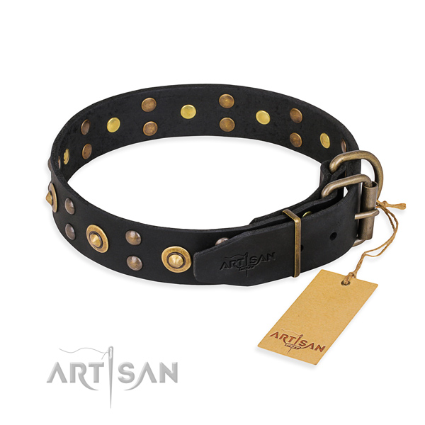 Reliable D-ring on genuine leather collar for your stylish canine