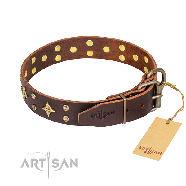 Walking decorated dog collar of top quality full grain genuine leather