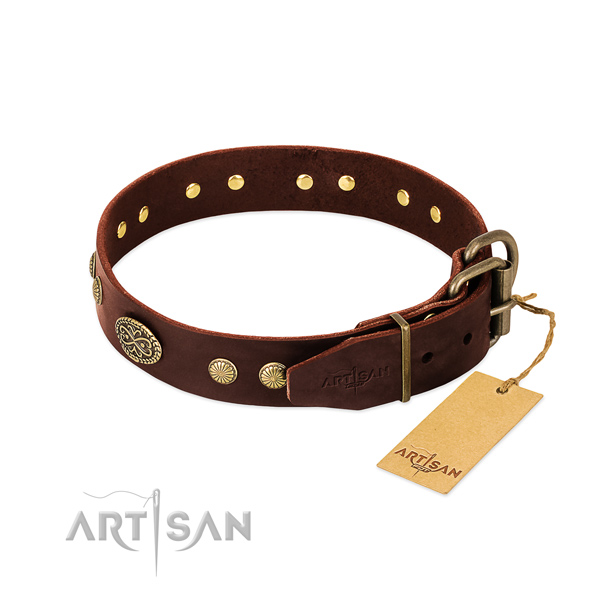 Rust-proof adornments on full grain natural leather dog collar for your doggie