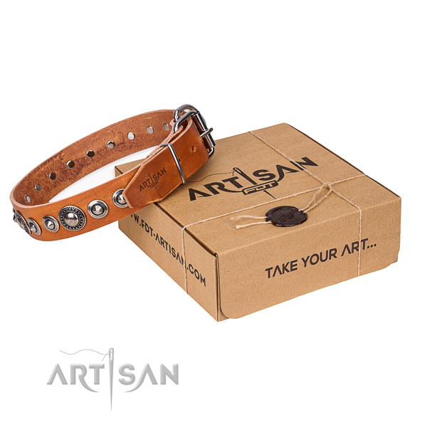 Natural genuine leather dog collar made of flexible material with corrosion resistant buckle