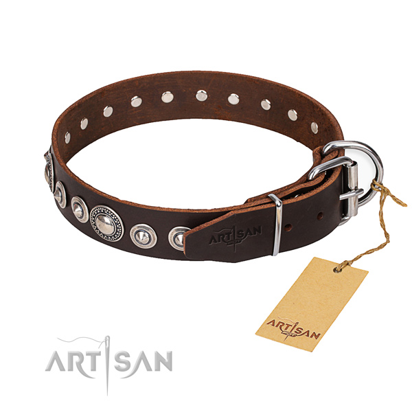 Full grain natural leather dog collar made of quality material with corrosion resistant fittings