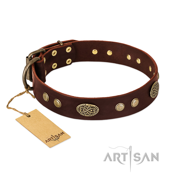 Durable D-ring on genuine leather dog collar for your pet