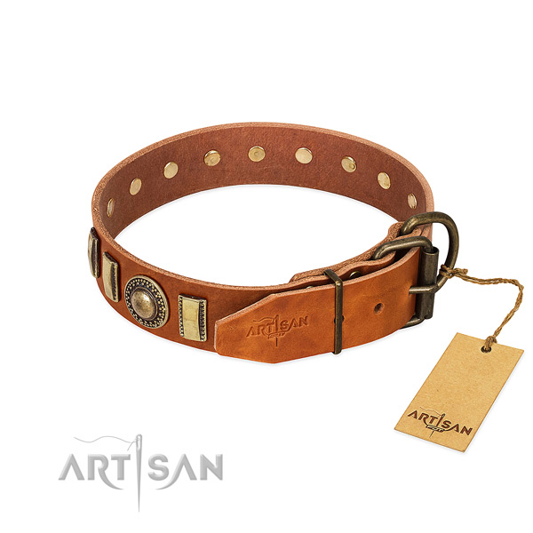 Easy adjustable natural leather dog collar with strong D-ring