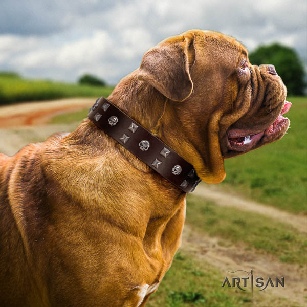 Dogue de Bordeaux studded full grain leather dog collar for your lovely doggie