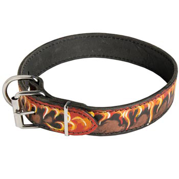 Buckle Leather Dog Collar with Fire Flames for Dogue de Bordeaux